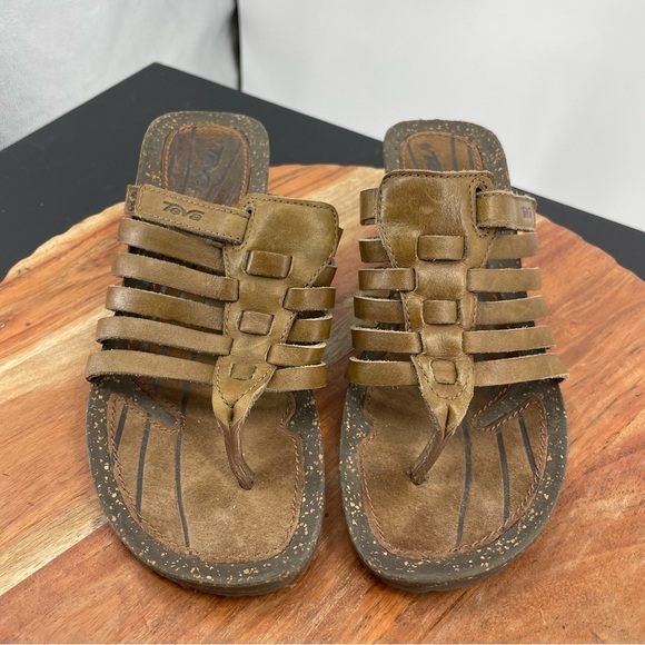 Teva | Cabrillo 3 Wedge Thong Sandal Women's 6 brown green leather 1012149 - Picture 2 of 8